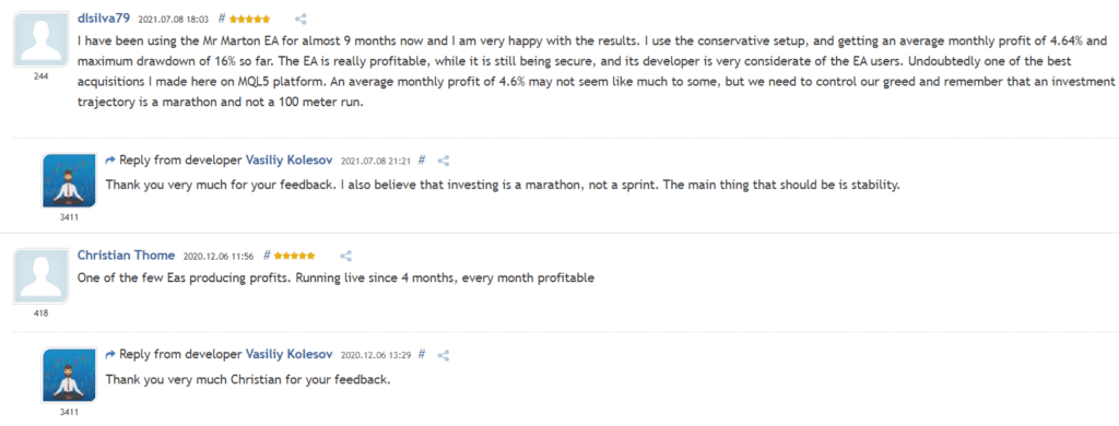 User reviews for Mr. Martin on MQL5.