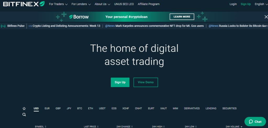 Bitfinex start page