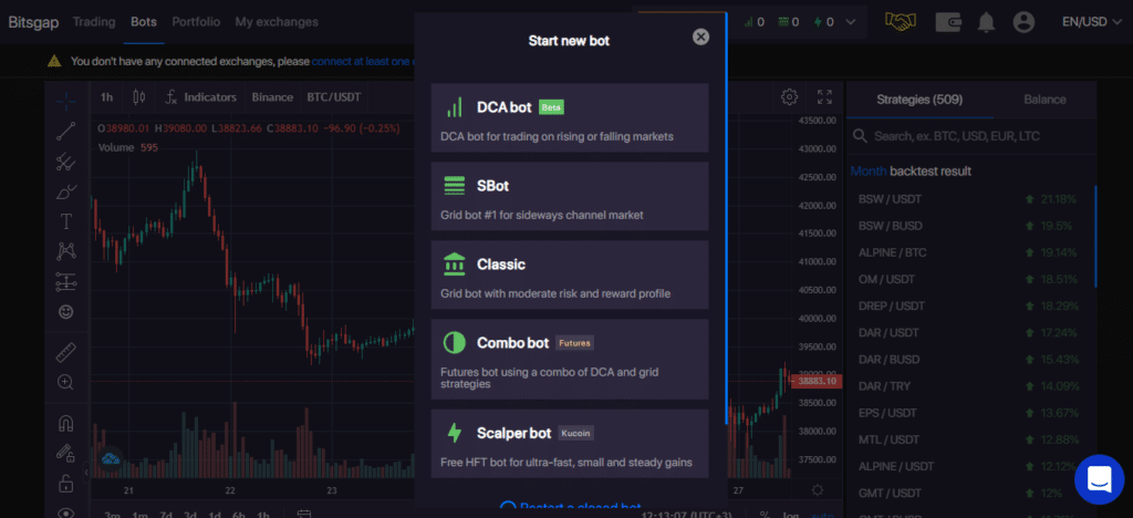 The new bot drop-down menu on Bitsgap.