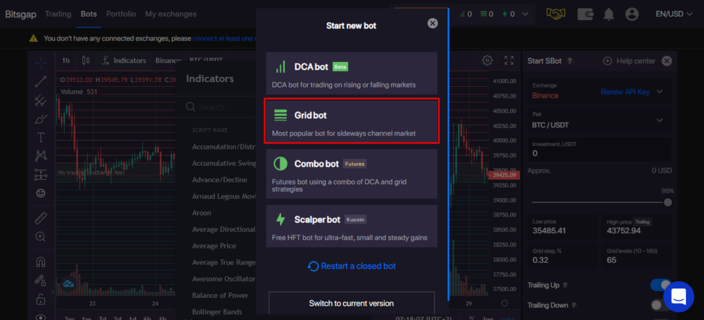 Available bot types on Bitsgap.