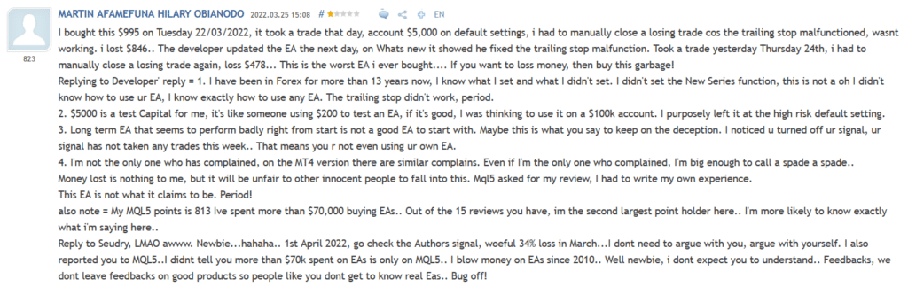 Customer review on the MQL5 webpage.