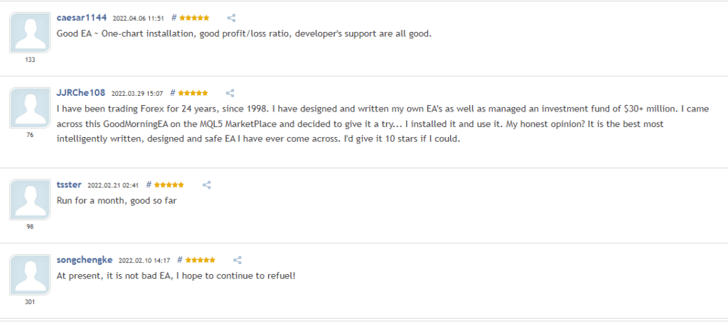 User feedback on the GoodMorning EA website. 